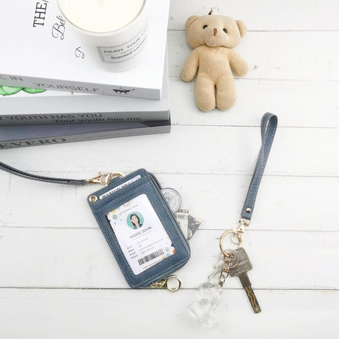 ID Badge Holder with Lanyard Wallet, PU Leather Card Holder with 1 Clear ID Window, 4 Credit Card Slots, Cash Coin Slot