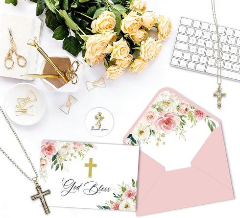 SMUAENSS 48 Pack Communion Christian Thank You Cards, Watercolor Pink Floral Cross Baptism Thank You Cards