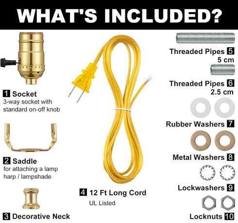Lamp Repair Kit for Table Lamps and Floor Lamps, Lamp Rewiring Kit with 3 Way Lamp Socket Replacement, 12FT Cord and Essential Hardware, Lamp Part Kits for Do It Yourself (Brass Finish)