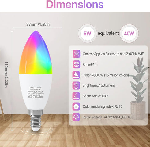 ORALUCE Smart Light Bulb Work with Alexa & Google Home, C37 E12 LED Light Bulb 40W Equivalent, 2.4GHz WiFi & Bluetooth Color Changing APP Dimmable, Multicolor LED Bulb 450 Lumens,4P by ORALUCE