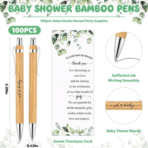 Yeaqee 100 Sets Woodland Safari Baby Shower Gifts - Bamboo Pens and Greeting Cards for Gender Reveal Favors