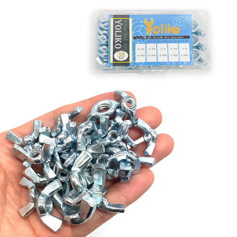 Yoliko 38 5 5/32",3/16",1/4",5/16",3/8" Pcs Sizes Wingnuts, Quality Carbon Steel Wing Nuts Zinc Plated Fasteners Parts