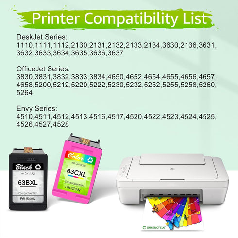 greencycle 63 XL Ink Cartridges Combo Pack Replacement for HP 63XL Compatible Printers (1 Black, 1 Tri-Color)