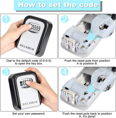 DELSWIN Wall Mounted Key Lock Box, Weatherproof Combo LockBox with 4-Digit Combination for Home, Airbnb, Hotel, School,