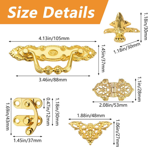 Gold Jewelry Box Antique Lock Latch Hasp Hinges Handle Box Corner Protectors Kit for DIY Jewelry Box, Wood Case Jewelry Chest Storage Box Feet Leg Corner Protector Set, Box not Included