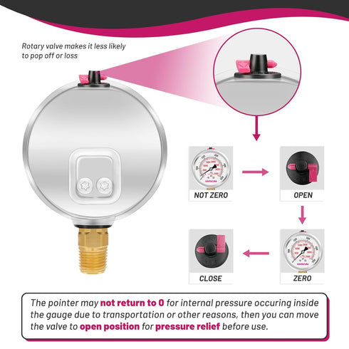 Glycerin Filled Pressure Gauge, 0 to 5000psi, 2.5" Dial Size, Stainless Steel Case, with Vent Valve