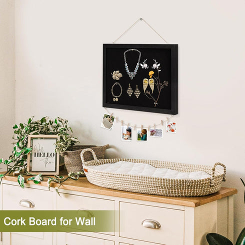 Double-Sided Black Cork Board with Linen, 16" x 12" Hanging Wood Framed Bulletin Board for School Office Decor