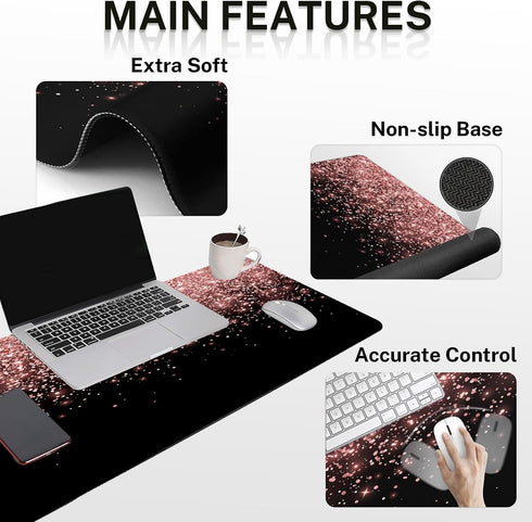 Britimes Set 4in1 35.4x15.7 inches Rose Gold Pink Keyboard Mouse Pad Black Golden Large Mousepad+Keyboard Wrist
