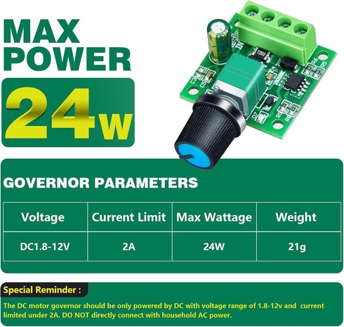 PWM Low Voltage DC Motor Speed Controller 1.8V to 12V 2A 24W Adjustable Driver Switch 1 Pack