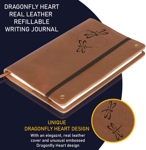The Dragonfly Heart Real Leather Journal, 6 x 8.5 Inches, 200 Lined Pages, Elastic Strap, Leather Notebook for Writing