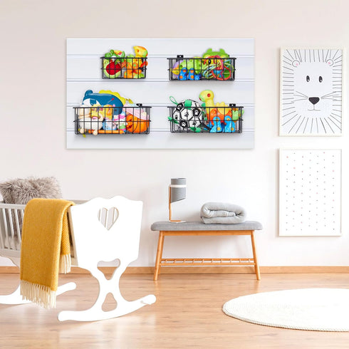 4Pcs Slatwall Basket Set, Ventilated Metal Slatwall Baskets for PVC Slatwall, Mounted Storage Display on Garage