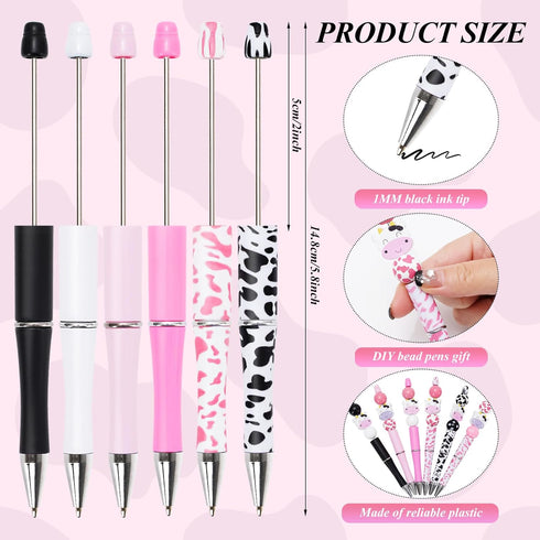 Whaline 12 Sets Cow Print Beadable Pens Assorted DIY Pens with 12 Pcs Milk Cow Shaped Beads 30 Pcs Spacer Beads 42 Pcs Round Wooden Beads for Students Office School Gifts Crafts Decoration Party Favor by Whaline