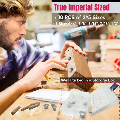 Dowel Centers, Stainless Steel Dowel Center Transfer Plugs 10PCS with 5 Sizes of 1/4" 3/8" 5/16" 7/16" 1/2" Dowel Centering Pins Joinery Accessories -by MinliGUY Woodworking Tool