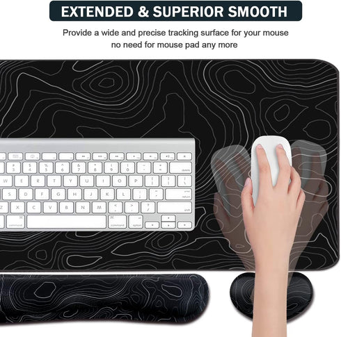 Set, 4Pcs (35.415.7 Set Topographic Mouse Pad Extended Mouse Pad+Keyboard Wrist Rest, Memory Foam Ergonomic Easy