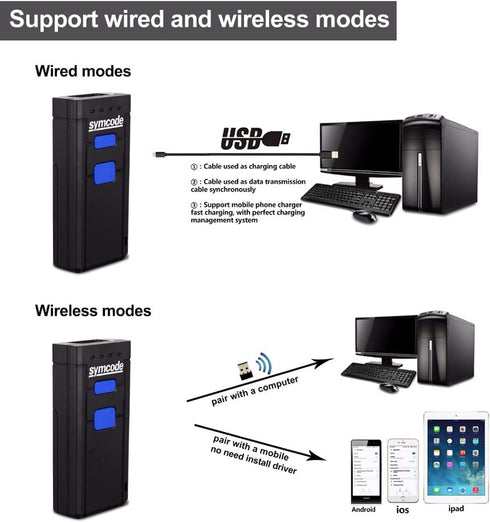 Symcode Bluetooth Wireless Barcode Scanner, Portable Reader Compatible with Windows, Mac, Android, iOS Devices