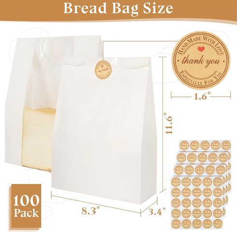 13.7x8.3x3.5in 100 Pack Aimyoo Homemade Sourdough Bread Bags, White Bakery Bags with Window & Seal Stickers