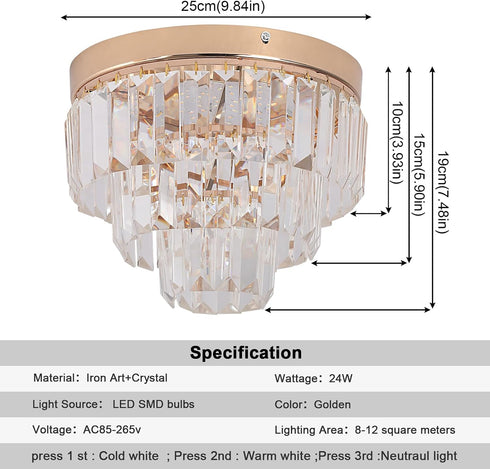 3-Tier K9 Crystal Flush Mount Ceiling Light Modern Crystal Chandelier Gold Mini Round Hanging Pendant Light Luxury