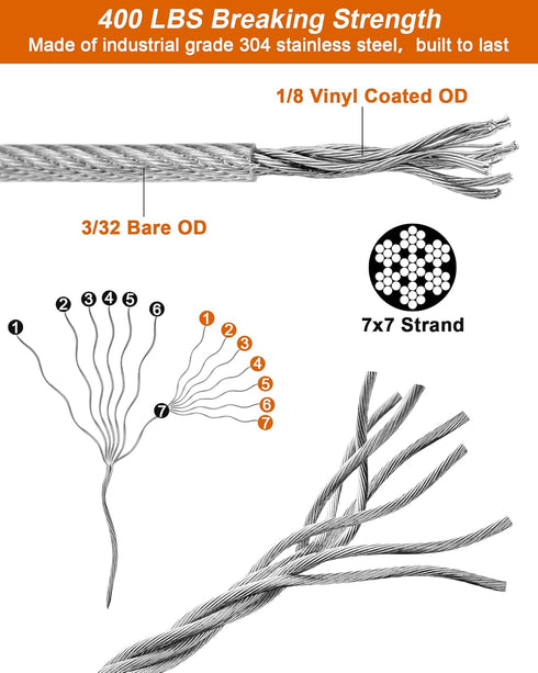 220 FT 1/8" Wire Rope Kit, 304 Stainless Steel Cable with M5 Turnbuckles, Vinyl Coated String Lights Hanging Wire for