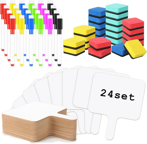 Harloon 72 Pieces Dry Erase Answer Paddle Set, 7.8 x 9.8 Inch, 24 Handheld Wooden White Board Auction Paddles with 24