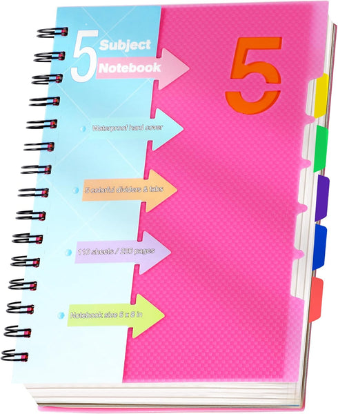 CAGIE 5 Subject Notebooks, College Ruled Spiral Notebook 5x7, 220 Pages Small Notebook with Divider Tabs for Work,