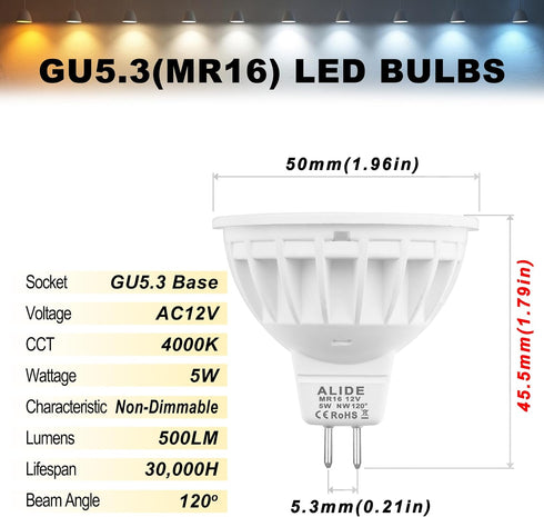 ALIDE MR16 50W LED Bulbs Replacement, 5W MR16 GU5.3 Bi-Pin, 4000K Natural White, 12V MR16 LED Bulb for Overhead