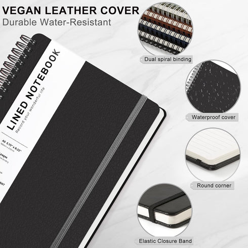Lined Spiral Journal Notebook, A5 Hardcover Leather, 5.7''×8.2'', 100GSM Thick Paper, Spiral Bound