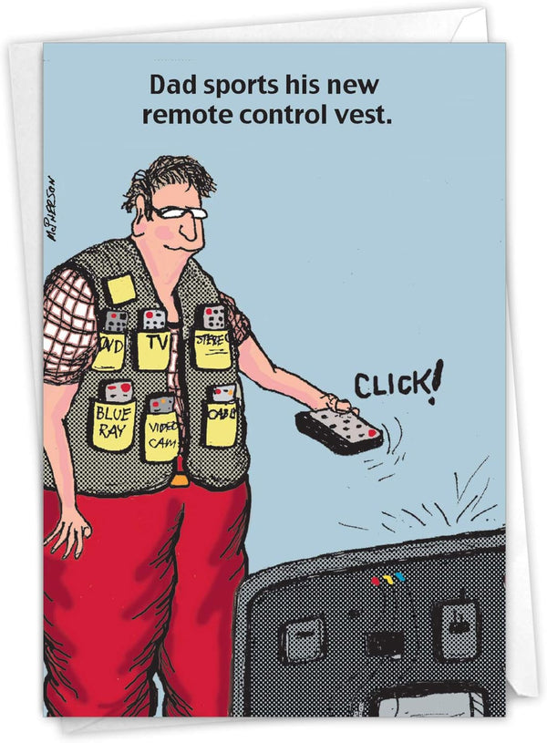 NobleWorks - Hilarious Father's Day Card with Envelope, Funny Dad Notecard Humor, Remote Control Vest C6800FDG