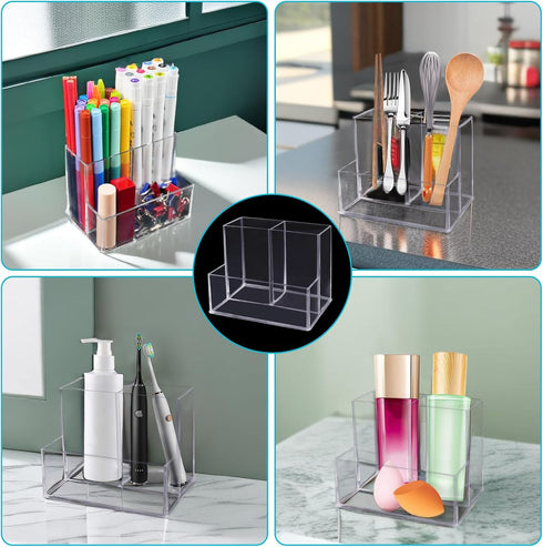 Clear Acrylic Pen Holder with 3 Compartments, Desk Organizers and Accessories