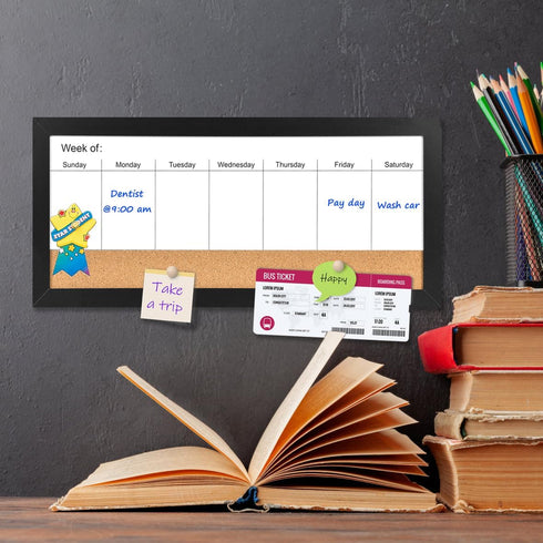 Magnetic Weekly Dry Erase White Board and Cork Board, Black Wood Frame for Home Office Decor