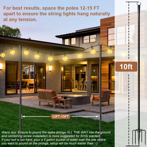 2 Pack Set Heavy-Duty String Light Poles for Outside with Fork, Adjustable Lighting Hanging Post Accessories for Patio