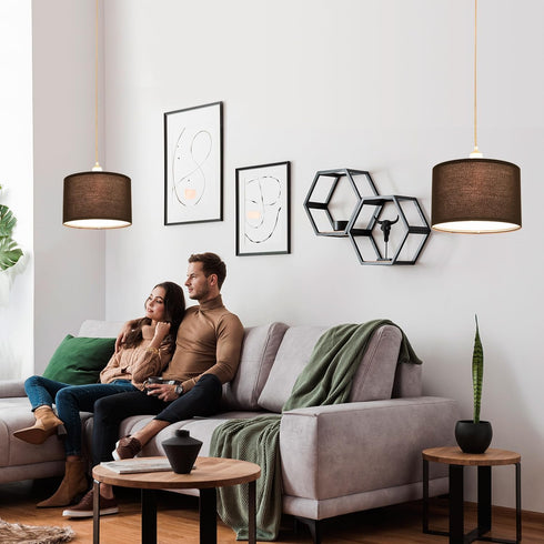 2 Pack 15Ft Plug in Pendant Light, Hanging Light with Clear Cord, On/Off Switch, Black Fabric Lamp Shade, Hanging Light