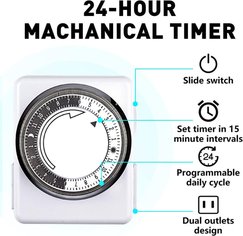 HBN Indoor Timers for Electrical Outlets, 24 Hour Mechanical Outlet Timer, Dual Outlets, Heavy Duty Daily Cycle