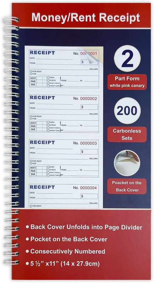 IWIZPRINT Money and Rent Receipt Book 2-Part Carbonless 5-1/2" x 11" Spiral Bound