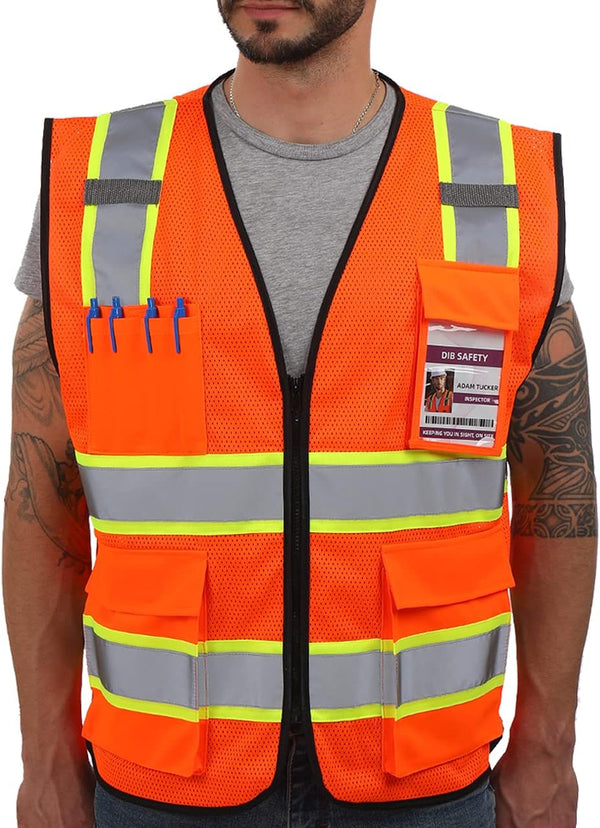 High Visibility Reflective Mesh Vest, Two Tone with Pockets and Zipper, ANSI Class 2 Compliant, Orange Mesh with Yellow