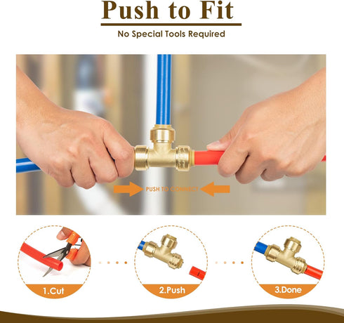 1/2" Push to Connect Tee Brass Plumbing Fitting for PEX, Copper, CPVC Pipe with Upgraded Stiffener (6 Pack)