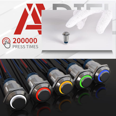 APIELE 12mm Latching Push Button Switch (Pcs of 2) - High Round Head Stainless Steel with Ring LED (Blue)