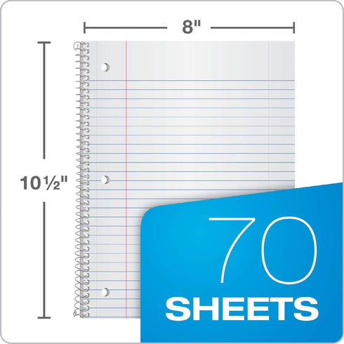 Oxford Spiral Notebooks, 1 Subject, Wide Ruled, 70 Sheets, 24 per Pack, Colors Vary