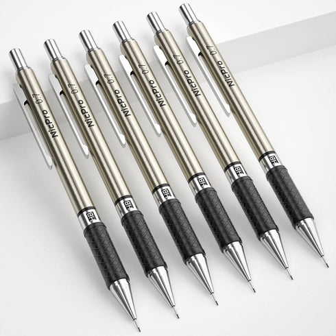 Nicpro 0.7 mm Art Mechanical Pencils Set, 6 PCS Metal Drafting Pencil 0.7mm Tube HB Lead Refills & 18 Cap Eraser for Adults, Children, Artist Writing, Drawing, Sketching, Black, 1 Count (Pack of 6) by Nicpro