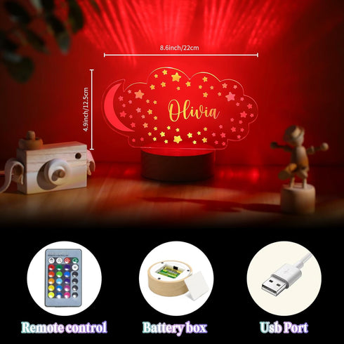 Personalized Baby Gift Name Night Light for Kids Girls Boys Nursery Decor with Stars & Cloud Acrylic Light - Includes