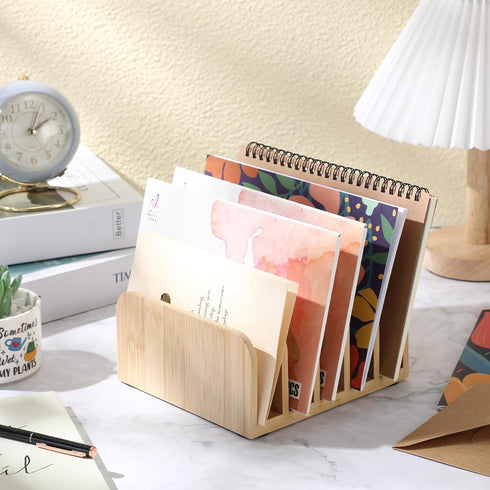 Bamboo Desk Mail Organizer, 5 Compartments File Holders, Countertop Paper Organizer for Home Office School