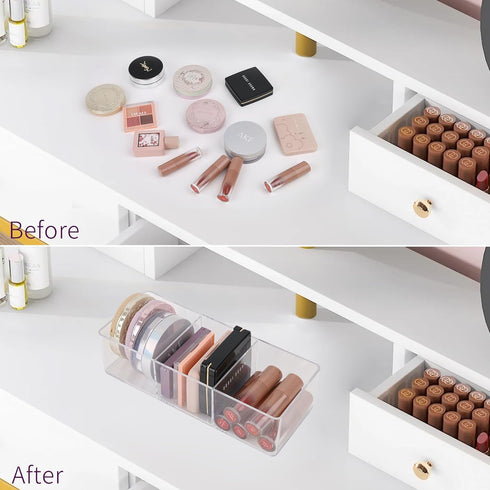 Stackable Clear Drawer Organizers Small Makeup Vanity Storage Bins Trays and Office Desk Drawer Dividers Triple Compartments 2 Pack by POPPEYGO