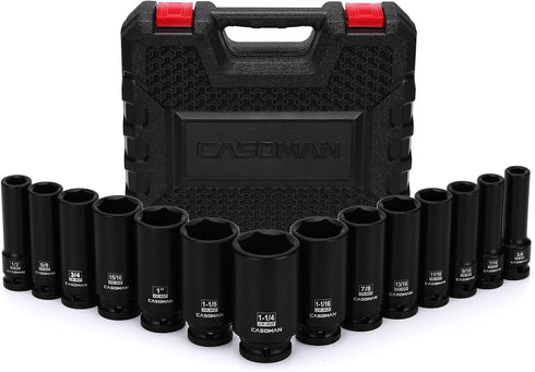 CASOMAN 14PCS 1/2" Drive Deep Impact Socket Set, SAE, 6-Point, CR-MO, 3/8"