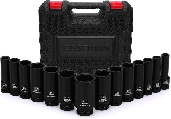 CASOMAN 14PCS 1/2" Drive Deep Impact Socket Set, SAE, 6-Point, CR-MO, 3/8"