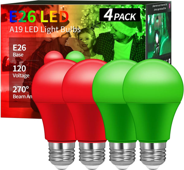 Red and Green Light Bulbs, 4 Pack, Christmas Light Bulbs, A19 LED