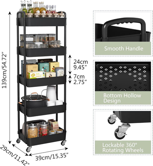 Sywhitta 5-Tier Plastic Rolling Utility Cart with Handle, Multi-Functional Storage Trolley for Office, Living Room,