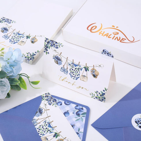 50 4 6 Inch Whaline Pcs Baby Shower Thank You Cards Greeting Cards with Envelopes Stickers Gold Foil Blue Berry Plaid