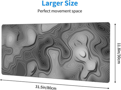 XL Grey White 3D Topographic Map Mouse Pad - Non-Slip Rubber Base Gaming Mouse Pad for Home Office Work