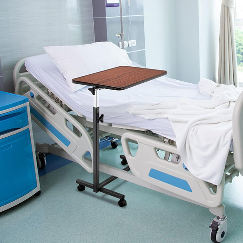 Tilting Bedside Table with Wheels & Brake - Adjustable for Hospital and Home Use, Dark Wood Grain
