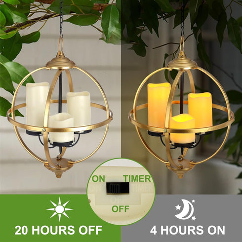 SUNNYPARK 3 12.6" Battery Operated Outdoor Candle Chandelier - Gold and Black Metal Globe Hanging Pendant Light
