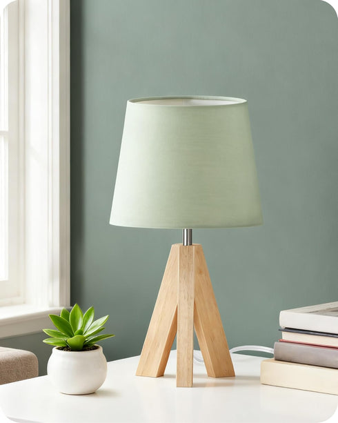 Tripod Table Lamp, Small Bedside Lamp with Wood Base & Green Fabric